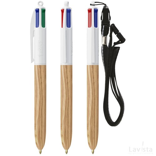 BIC® 4 Colours Wood Style met Lanyard wit/natuurlijk