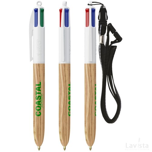 BIC® 4 Colours Wood Style met Lanyard wit/natuurlijk