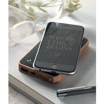 Acaciahout powerbank met leer (4.000 mAh Zwart