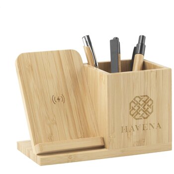 Bamboo Penhouder Met Draadloze Oplader Bruin