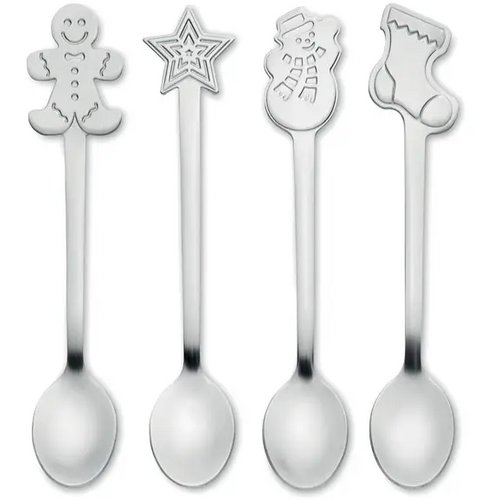 Set van 4 kerst theelepeltjes Chip set mat zilver