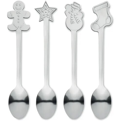 Set van 4 kerst theelepeltjes Chip set mat zilver