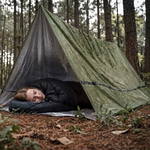 Compacte noodtent voor overleven in de buitenlucht dried green