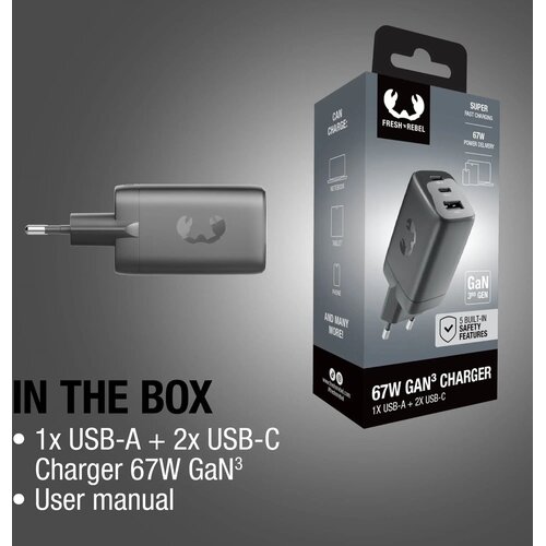 Fresh 'n Rebel 67W Laptop Snellader GaN USB-C &amp; USB-A donker grijs