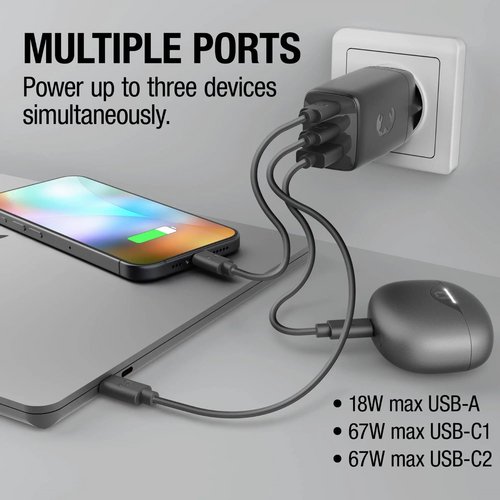 Fresh 'n Rebel 67W Laptop Snellader GaN USB-C &amp; USB-A donker grijs