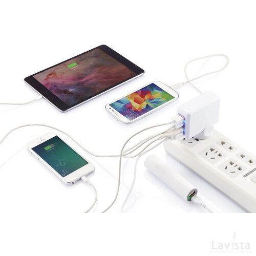 Reisstekker met 4 USB poorten wit